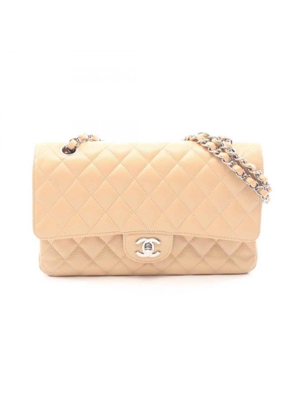 Chanel Shoulder Bag Quilted Double Flap Light Beige Caviar Leather Chain